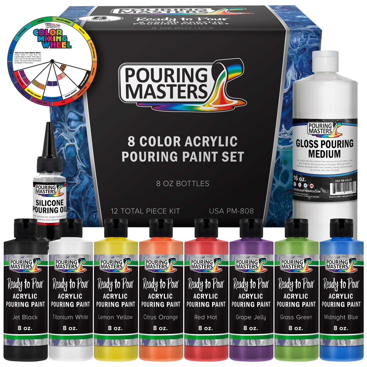 8-Color Ready-to-Pour Acrylic Pouring Paint Set, with Silicone Oil & Gloss Medium, 8oz Bottles, Pour Paint Supplies for Canvas & Crafts